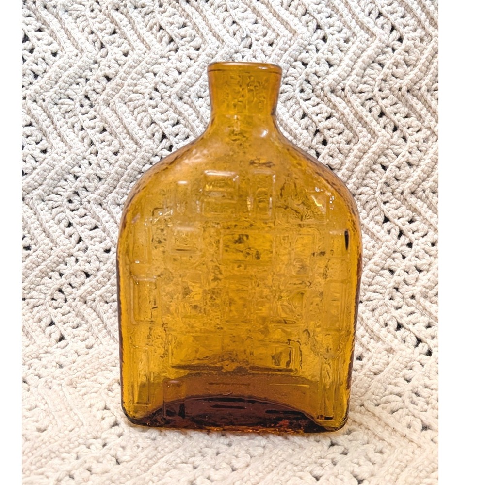 Vintage Empoli Amber Glass Bottle Made in Italy Geometric Brick Pattern Decanter